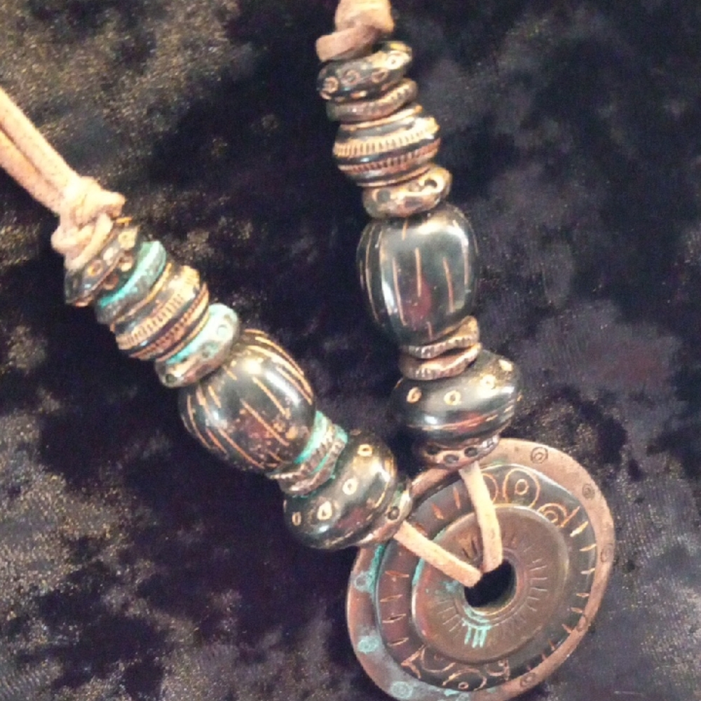 Artisan Turquoise and Black Beaded Necklace 34 In L